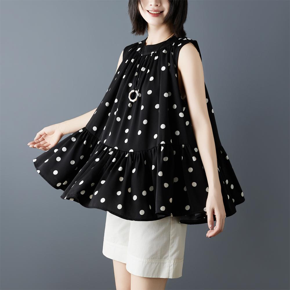 DIMANAF 2026 New Summer Plus Size Women Shirts Tees Casual Loose Blouse Button Sleeveless Lady Tops Pleated Black