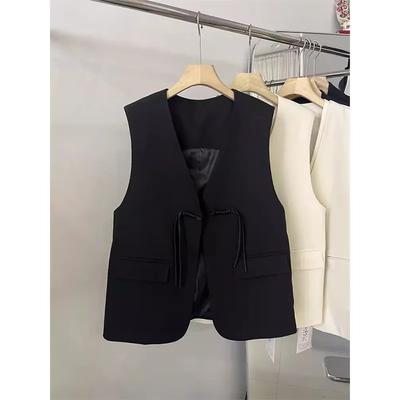 Damen Minimalistischer V-Ausschnitt Weste mit Bindegürtel Ärmelloser Blazer Weste Lässige Büro Oberbekleidung