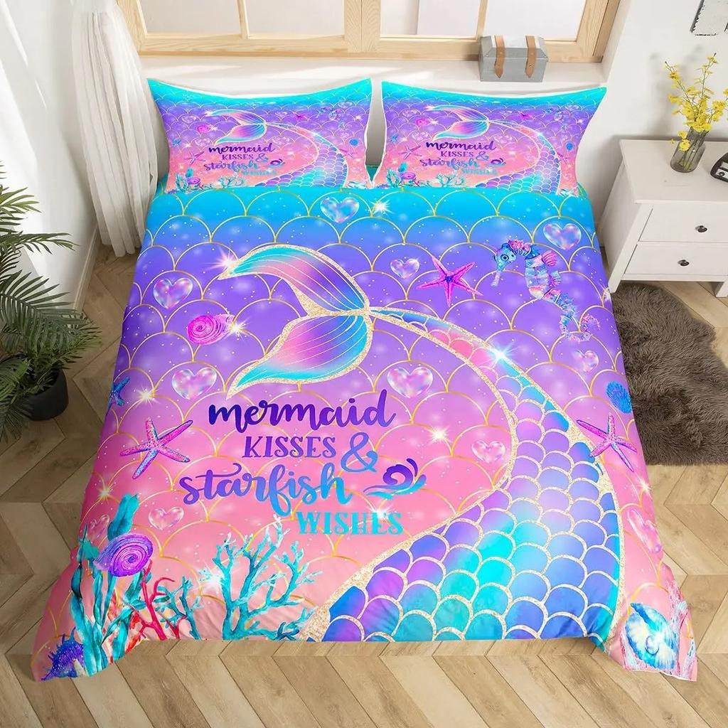 Mermaid Tail Duvet Cover Set, Colorful Scales Ocean Print Bedding, 3D Soft Microfiber Quilt Cover With Pillowcases