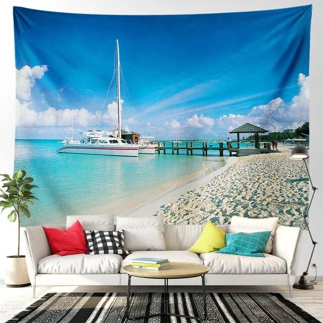 

Пляжный гобелен, морской пейзаж, велосипед, синий океан, пейзаж, гобелен для спальни, дома, гостиной, общежития, украшения для дома, эстетика 95x75cm