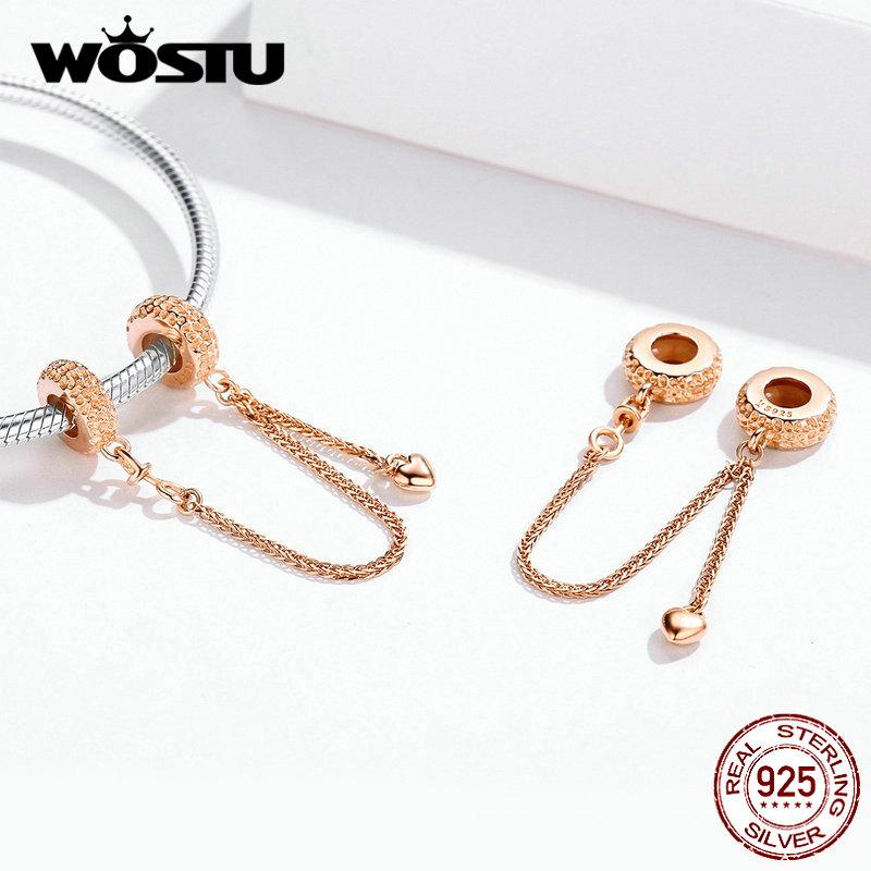 WOSTU 100% 925 Silver Safety Chain Rose Gold Charm Fit Original Bracelet Pendant Women Wedding Luxury Jewelry CQC1112-C