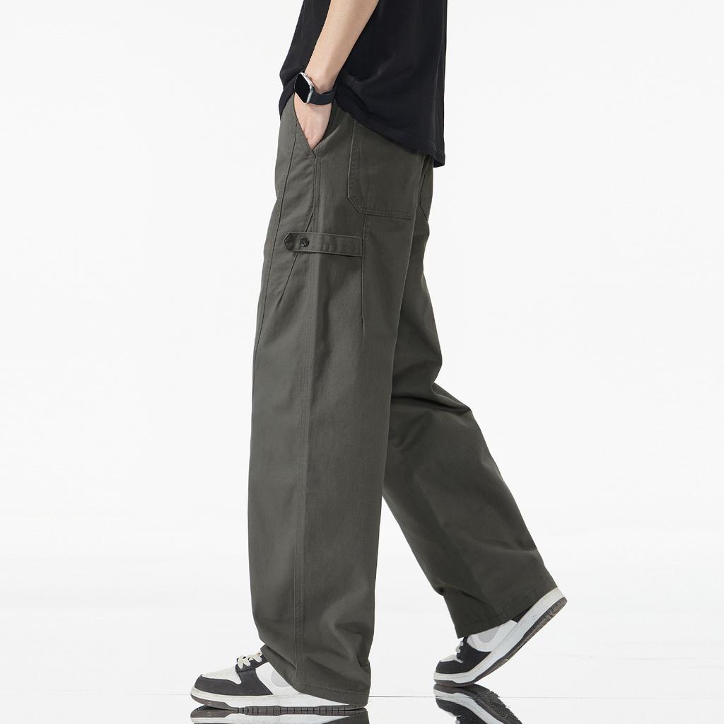 American Solid Color Simple Trendy Brand Splicing Tooling Casual Pants Men's Loose Wide Legs Drape Pure Cotton Scimitar Long Pants