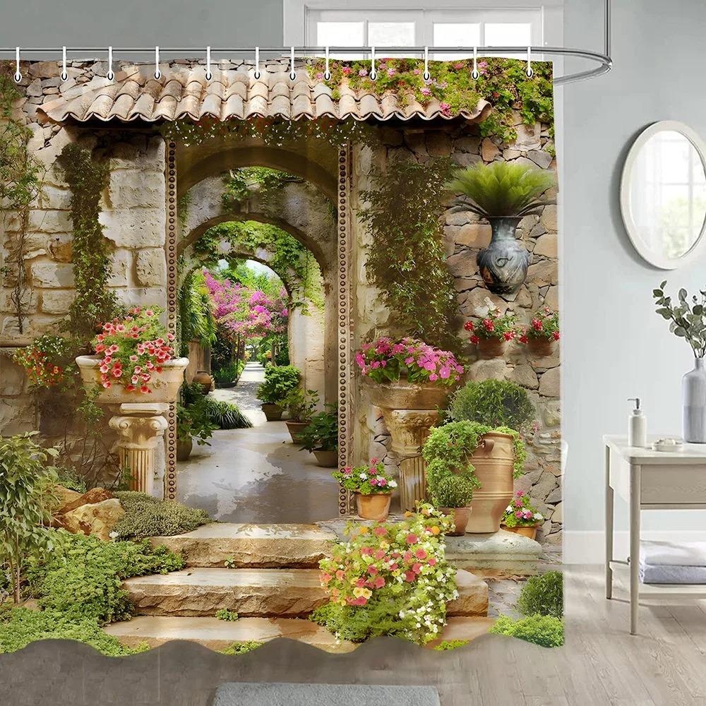 Forest Shower Curtains Sunshine Green Trees Plants Brown Window Nature Landscape Polyester Bathroom Curtain Set Decor with Hooks