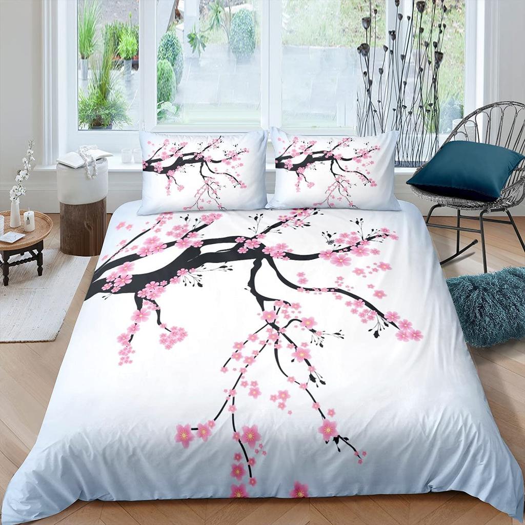 Cherry Blossoms Bedding Set Pink Floral Comforter Cover For Girl Teen Women Petal Flowers Duvet Cover Microfiber Bedspread Cover