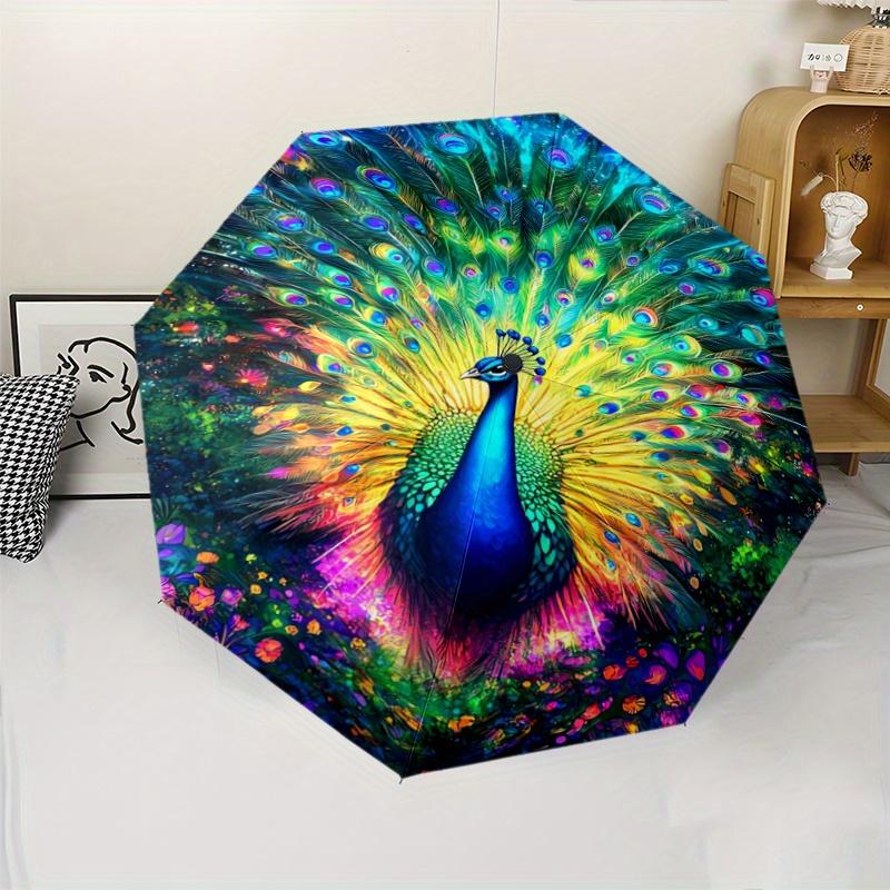 

1pc Colorful PeaRooster Feather Pattern Automatic Folding Umbrella with 8 Ribs, Plastic Handle, Windproof Portable Sunshade, S (as the picture,Iron&8K)
