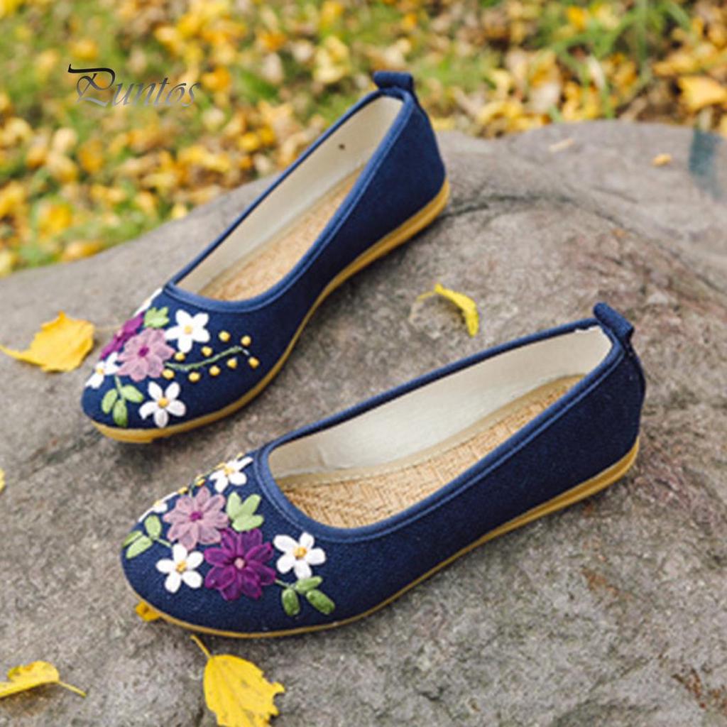 Vintage bestickte Damen-Flats, Blumen-Slipper, runde Zehenschuhe, Slipper, Ballerinas