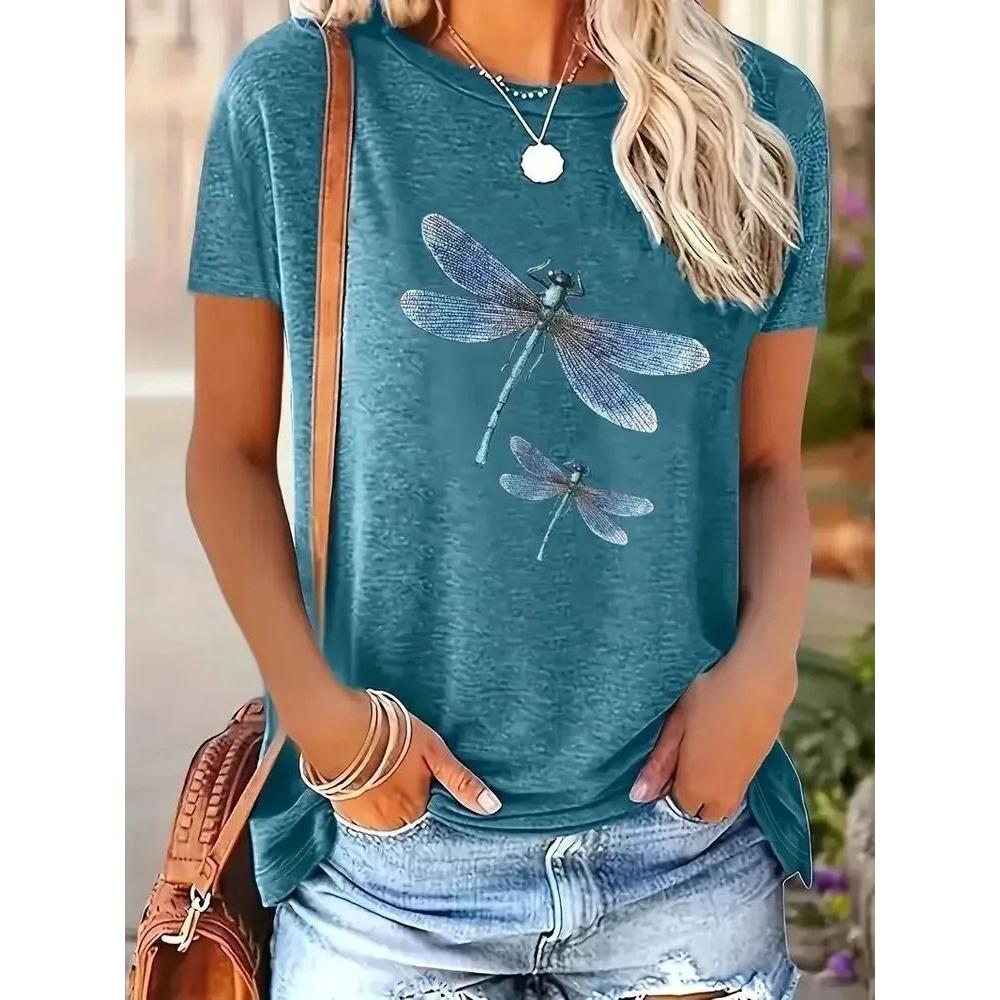 3D Printed Pattern T-shirt, Summer and Spring Short Sleeved Round Neck Casual Top, Women's Clothing