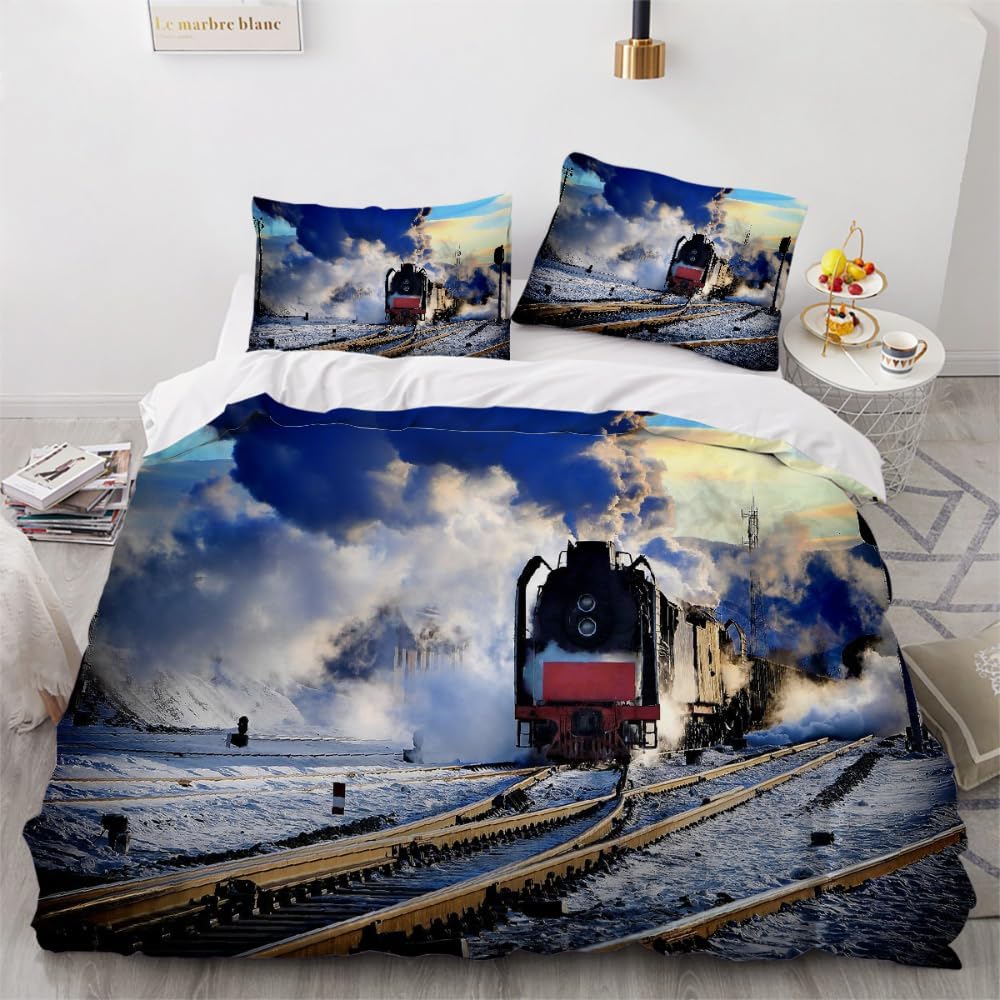 Train Duvet Cover set 2 Pieces, Soft Microfiber Bedding Set with Zipper Closure 3D Retro Train Comforter Cover with Pillowcases