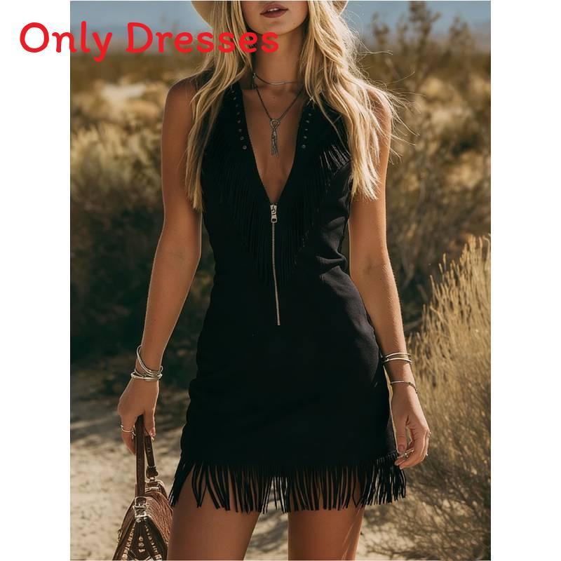 Style Mini Dress With V Neck And Tassel Fringe For Party And Stage Performances