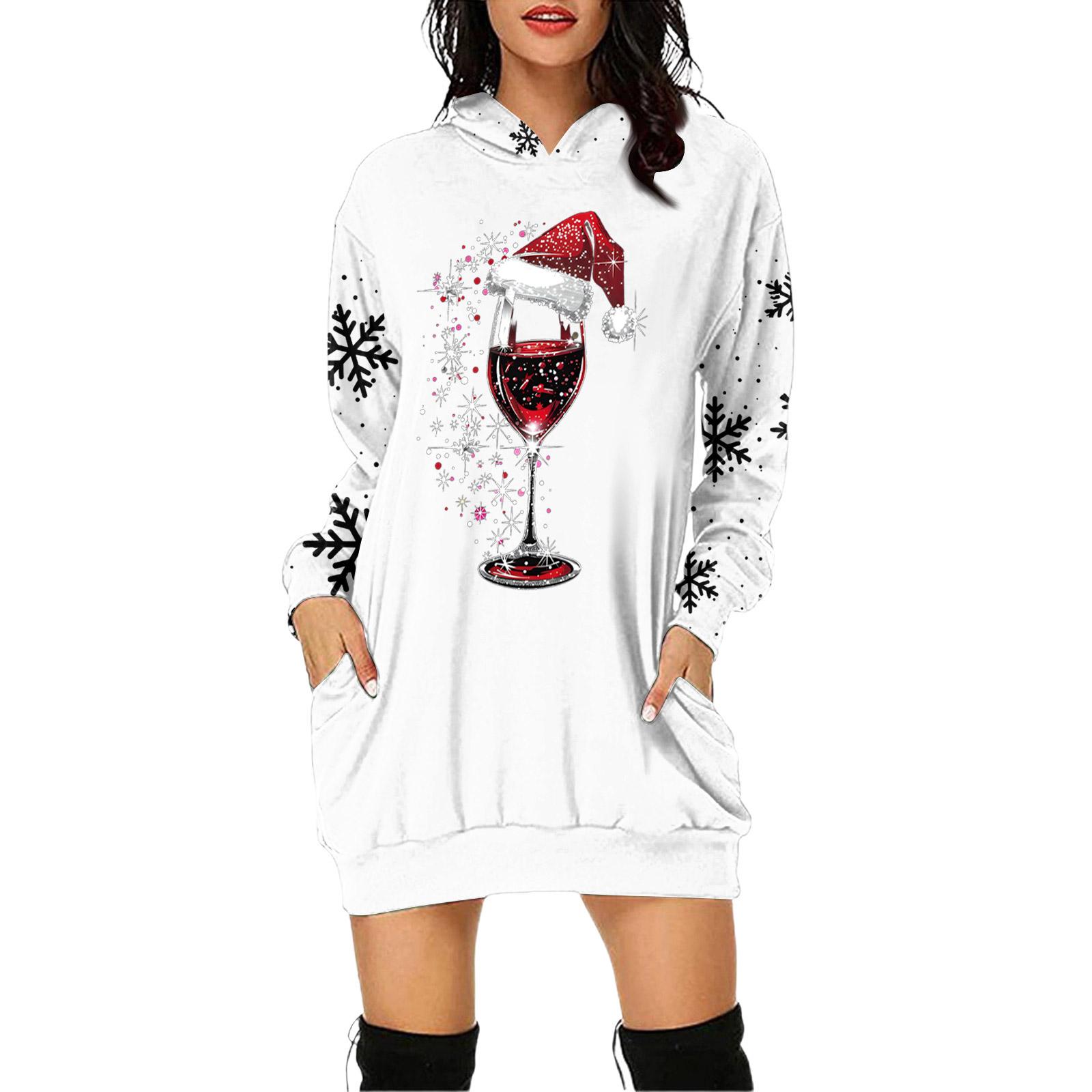 

Женское платье-пуловер с капюшоном и карманом с рождественским принтом и длинным рукавом XL белый