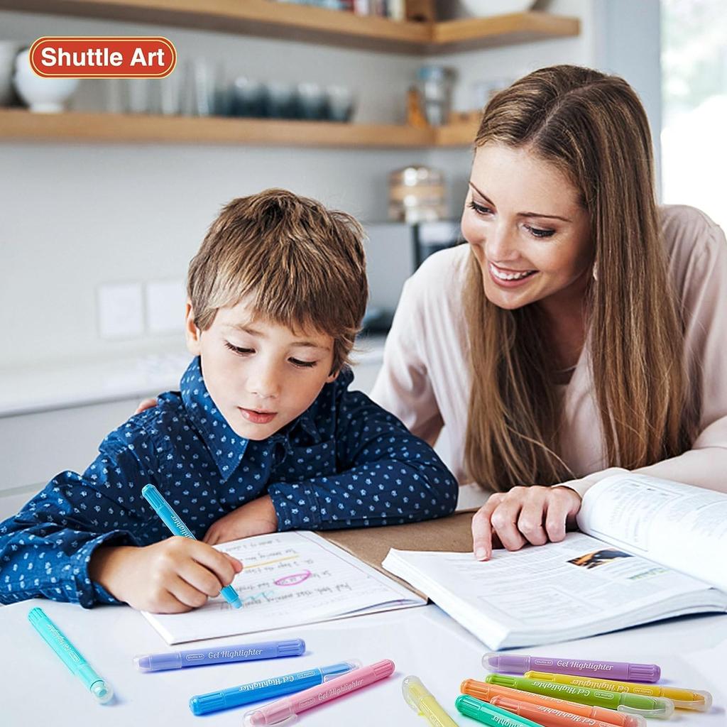 Shuttle Art Highlighter Pastel Solid Fluorescent Fluorescent Light Retractable Gel with Clear for Marking Convenient Storage Pens, Colors, 12-Color