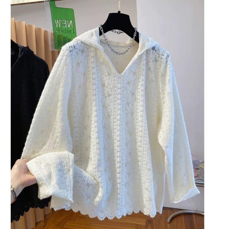 

White hollow crochet fleece lace shirt for women s autumn and winter new loose-fitting inner polished knitted bottoming top S