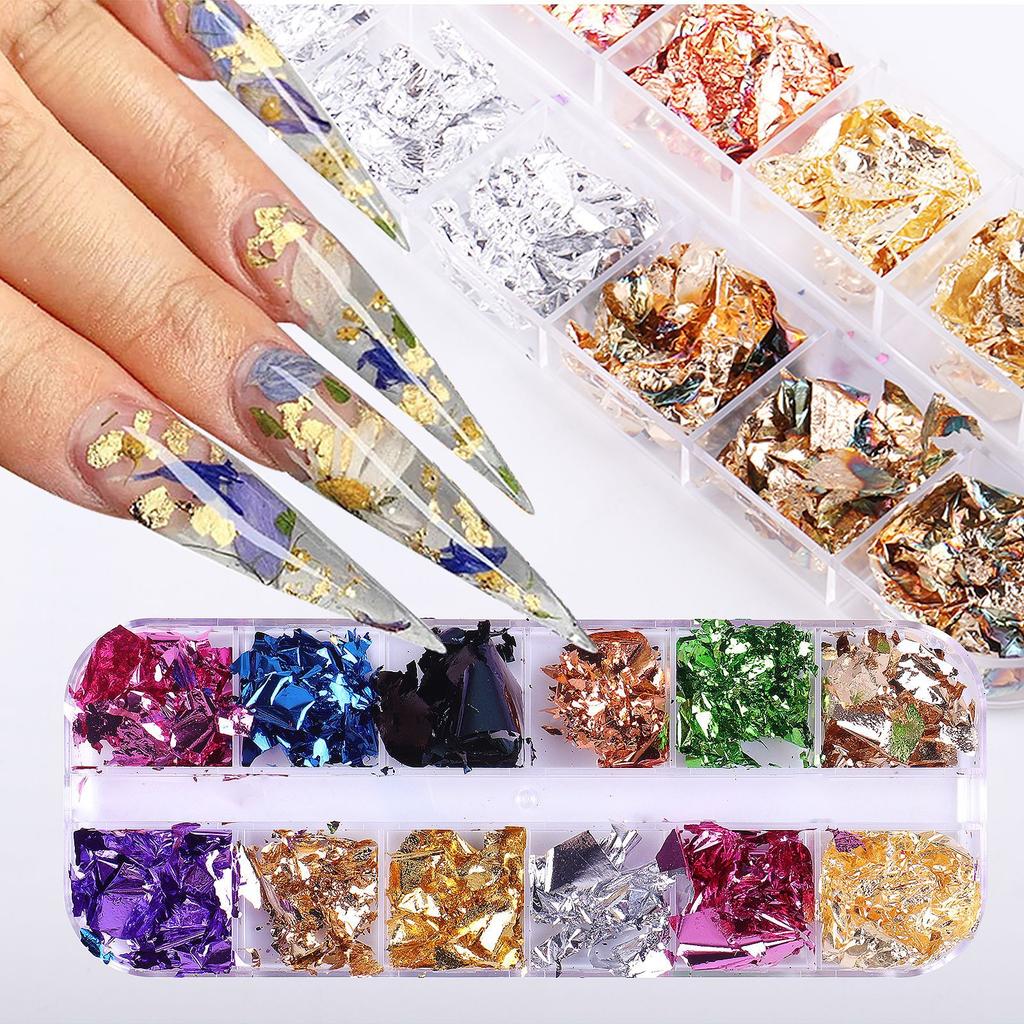 12 Grid Box Nail Art Jewelry Gold Foil Nail Art Gold Foil Color Foil Nail Art Jewelry Diy Mixed Combination