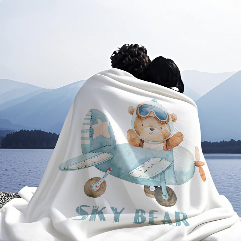 Cute Healing Sky Bear Print Fleece Throw Blanket for Adult Quality Super Soft Warm Universal Blanket for Travel Office Home