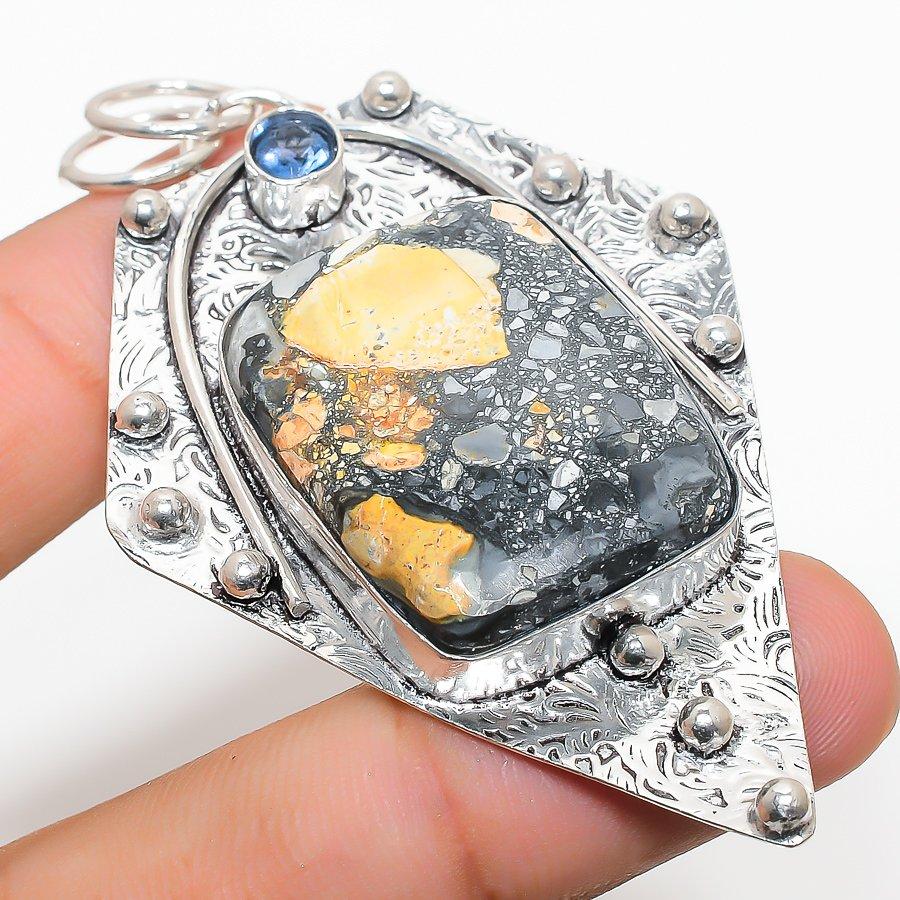 

Natural Maligano Jasper, Blue Topaz 925 Sterling Silver Pendant 2.88 c4K30