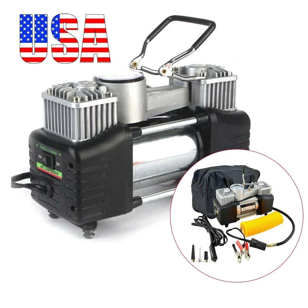 

12 В двухцилиндровый насос для шин с манометром, пористый автомобильный металлический воздушный инжектор, DC мини-автомобильный компрессор, велосипедный насос для кемпинга чёрный