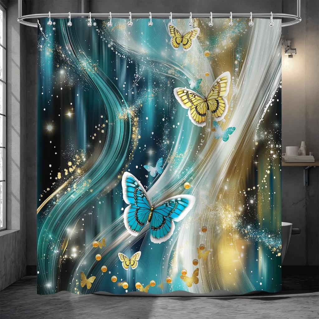 Blue And Green Butterfly Shower Curtain, Retro Colorful Fun Floral Aesthetic Shower Curtain Set Washable Waterproof Fabric