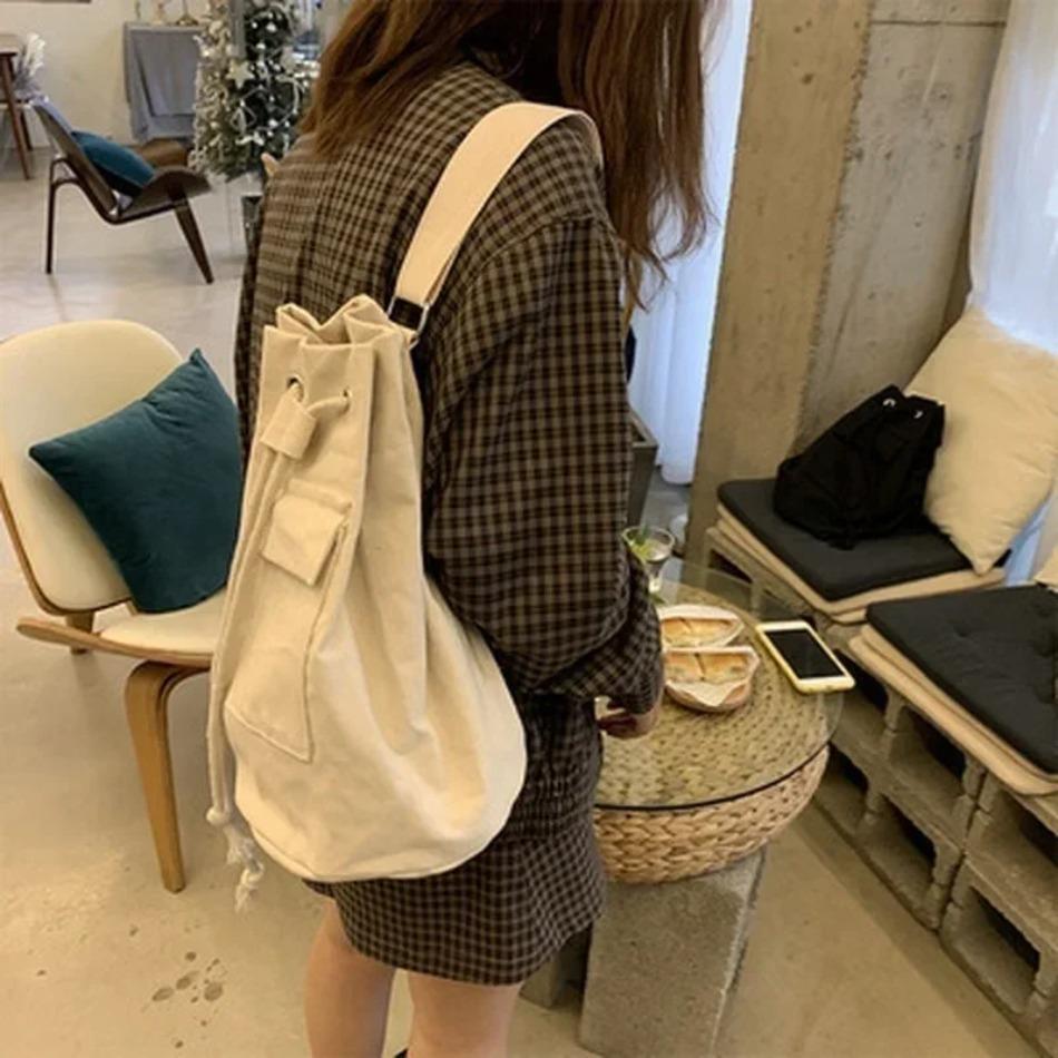 Korean Women's New Fashion Simple One-Shoulder Slanting Cross Bag Drawstring Pleated Large Capacity Canvas Bucket Shoulder Bag