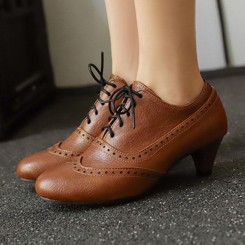 Britischer Stil Runde Zehenpartie Schnürschuhe Damen 5CM Mittelhoch Absatz Frühling Herbst Damen Freizeitschuhe Größe 43 Damenschuhe WSH5269