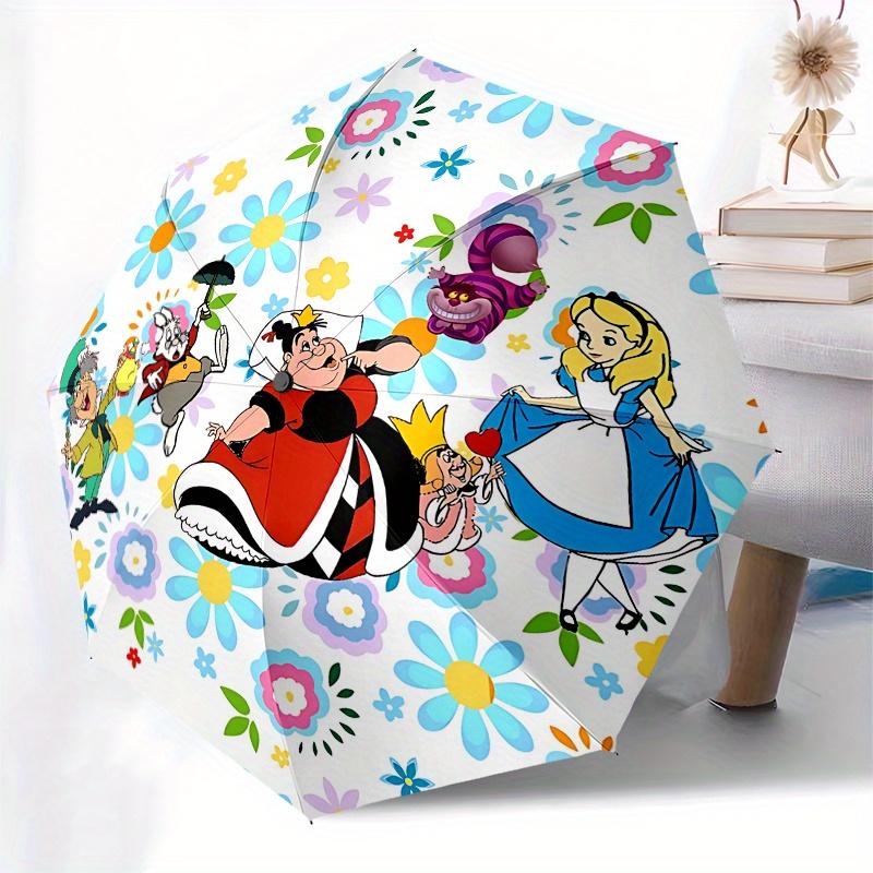 Disney Alice, Wonderland Automatic Open/Close Umbrella - Cute Umbrella with Cute Design, Portable 3-Fold Compact Umbrella for Men & Women, V