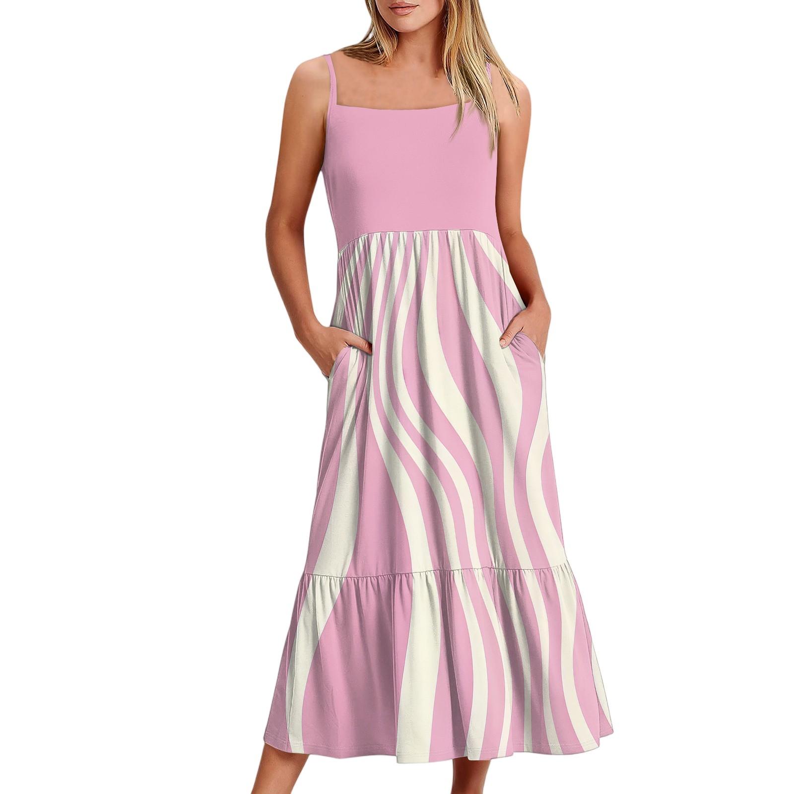 

Женское длинное пляжное повседневное элегантное платье макси на тонких бретельках в полоску, сдержанное струящееся платье в стиле бохо XXL розовый