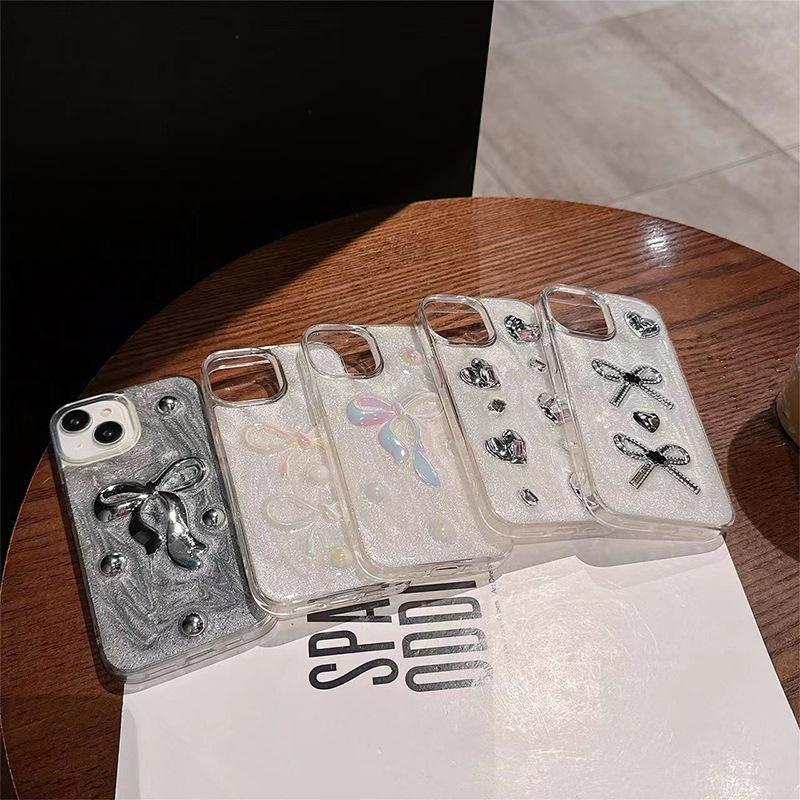 Silver Bead Bow Phone Case for IPhone17promax Epoxy Luxury Women’s Model 14 for Apple 15 Pearl 13