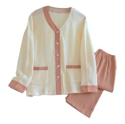 IDOHEMO Langarm-Schlafanzug Baumwolle Loungewear für Größe L Damen Set, 100% Gaze, Mädchen, Rosa,