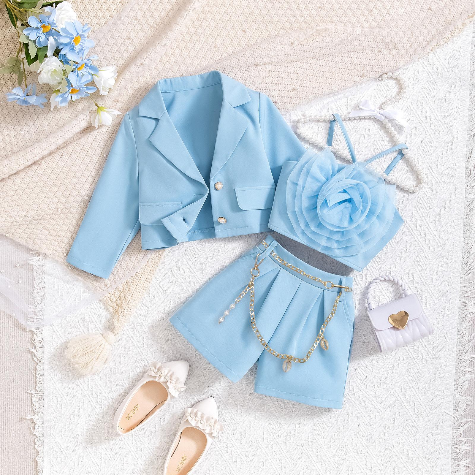 

Модный костюм для девочек, летний детский костюм, пальто с длинными рукавами + цветочная отделка внутри + шорты, костюм-тройка 7Y синий