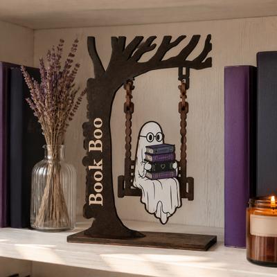 Outdoor Courtyard Garden Decor Halloween Desktop Swing Decor, Spooky Home Reading Ghost On A Figurine Unique Wooden Craft Gifts for Living Room