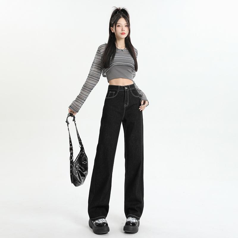 Women's High Rise Straight Leg Jeans Loose Fit Thick Fleece Lined Wide Leg Denim Pants Elegant Commuter Winter Trousers