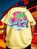Unisex Surfing Palm Tree Graphic T Shirt Retro Beach Sun Wave Print White Oversized Short Sleeve Vacation Streetwear Tops