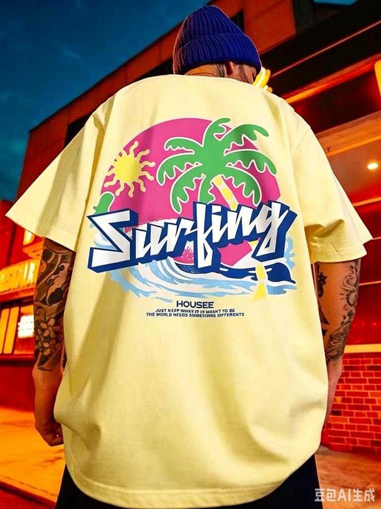 Unisex Surfing Palm Tree Graphic T Shirt Retro Beach Sun Wave Print White Oversized Short Sleeve Vacation Streetwear Tops