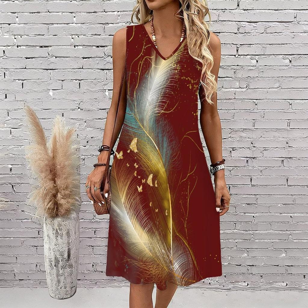 Plus Size V Neck Sleeveless Dress Cloudy Mountain Waterfall Art Print For Scenic Mountain Journey