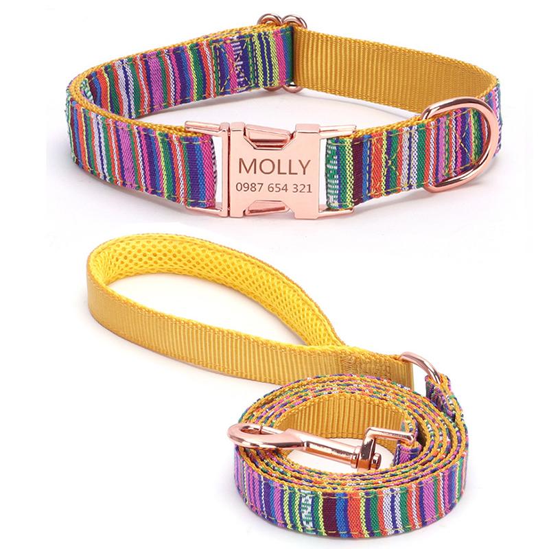 Bohemian gestreifter Hundehalsband, individuell graviert, mit Roségold-Schnalle, personalisiertes Nylonhalsband für kleine und große Hunde, tägliches Gassi gehen