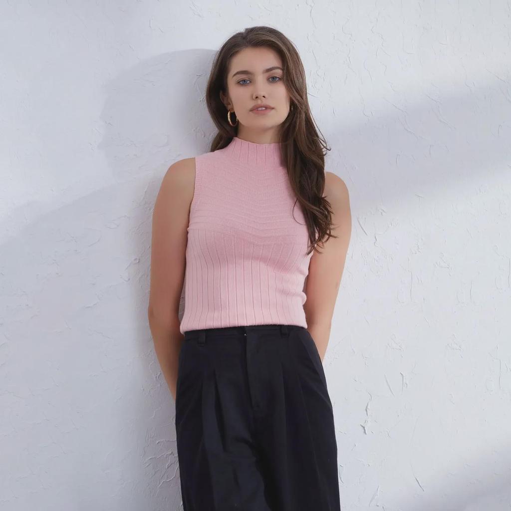 2023 Women's Slim Fit Sleeveless Knitted Sweater Vest - Casual Half-High Collar Solid Color Top