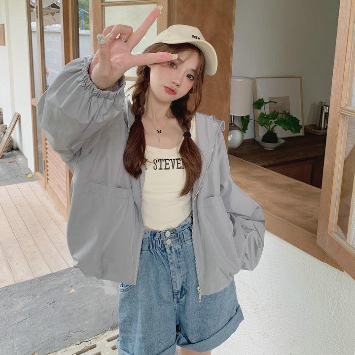 Hooded Short Sports Jacket Women's Casual Loose Solid Colour Zip Punching Jacket Spring and Summer Versatile Sunscreen Jacket