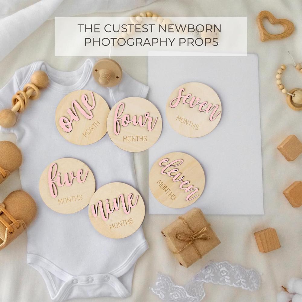 Newborn Baby Milestone Number Monthly Commemorative Card, Double-sided Wooden Monthly Milestone Card Photography Birth Gift