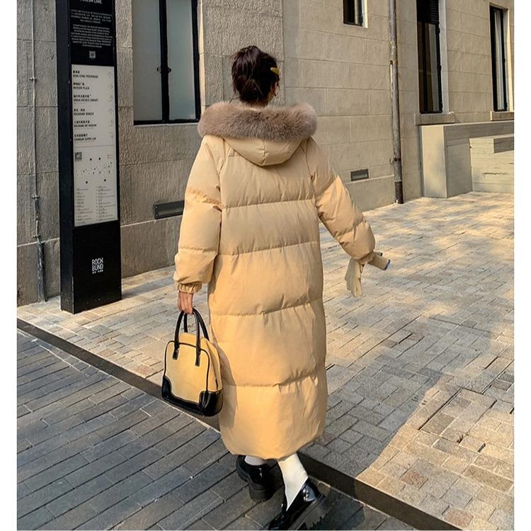 Chinese Style Cotton Coat with Fur Collar Women Winter Long Loose Solid Color Warm Jacket