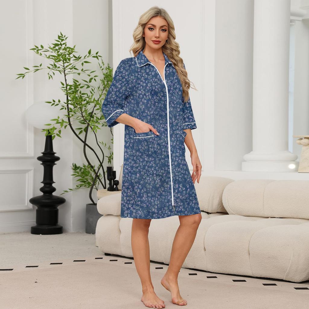Women's Floral Print Zip Front Robe with Pockets, 3/4 Sleeve, Lightweight Knee Length Loungewear