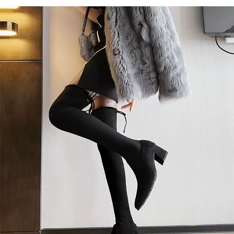 High Heel Boots Skinny Elastic Boots Fleece Women's Boots Long Boots Women's Over Knee Thick Heel Skinny Boots 2025 Autumn and Winter
