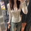 American Spice Girl V-Neck Design Sense Niche Long Sleeve T-Shirt Women's Early Autumn Thin White Front Shoulder Slim Skinny Top Women