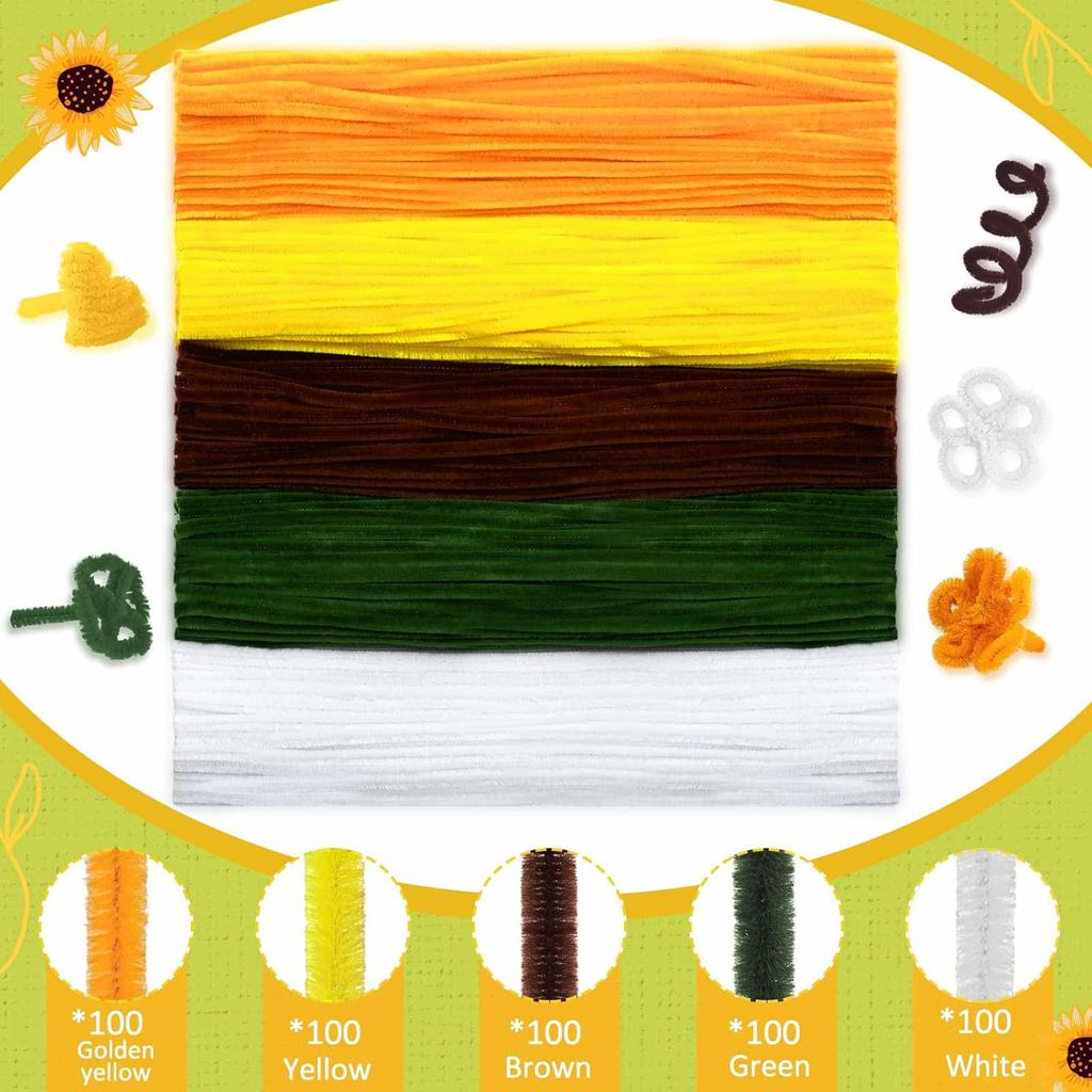 500PCS Pipe Cleaners Craft Supplies, Sunflower Pipe Cleaner Kit, Bulk Pipe Cleaners DIY Chenille Stem Bouquets Kit