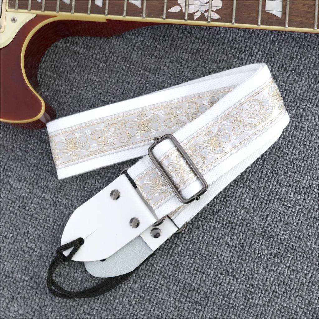 Rococo Embroidered White Cowhide Bass & Guitar Shoulder Strap