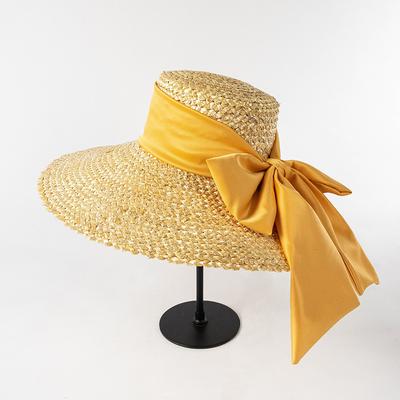 Chapeau de paille de blé tricoté à la main de haute qualité, haut plat, grand avant-toit, bassin, mode femme, grand nœud, pare-soleil de plage