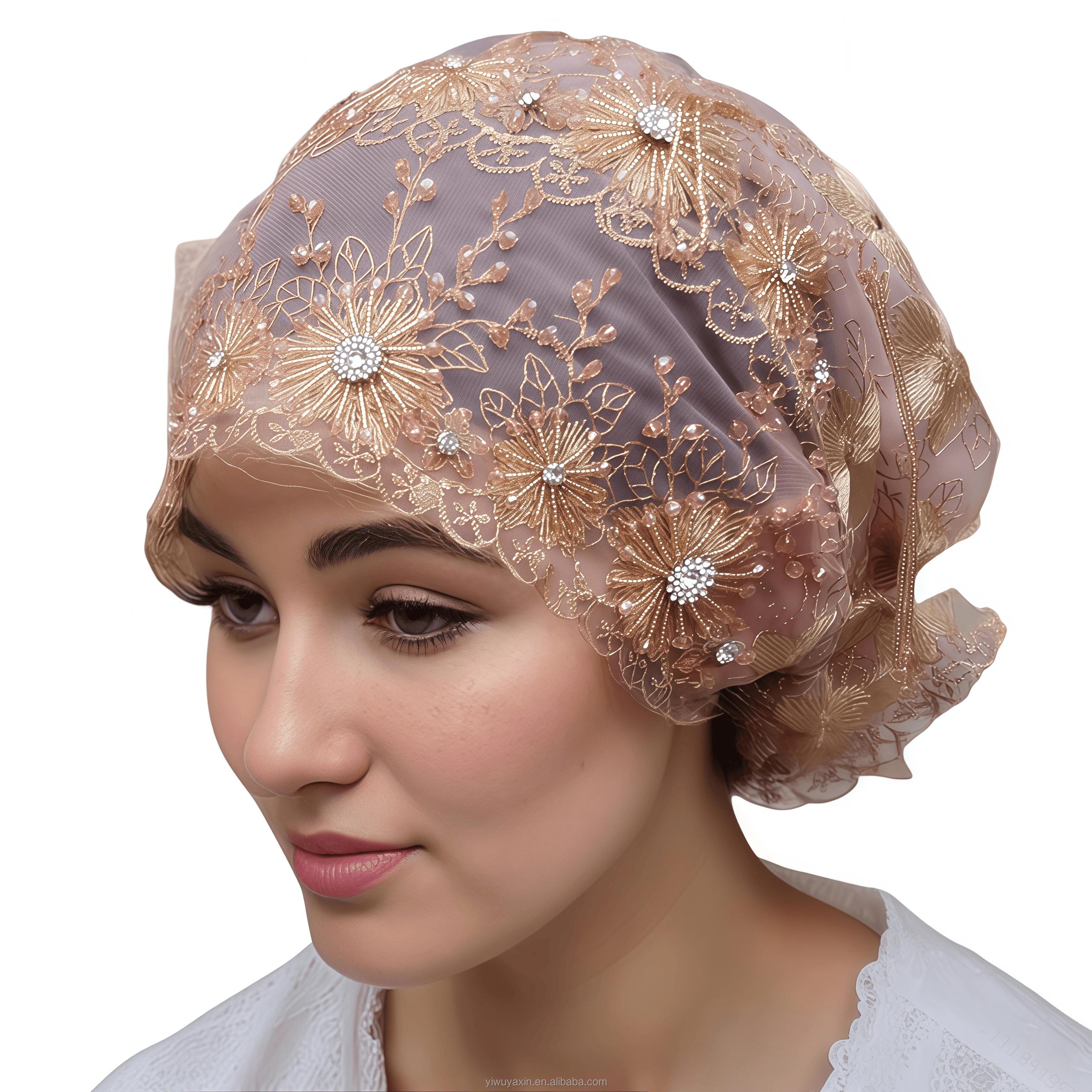 YASEEN Latest Muslim Women Lace Hat Fashion Shiny Rhinestone African Bonnet Breathable Eco-Friendly Elegant Turban Free size чёрный
