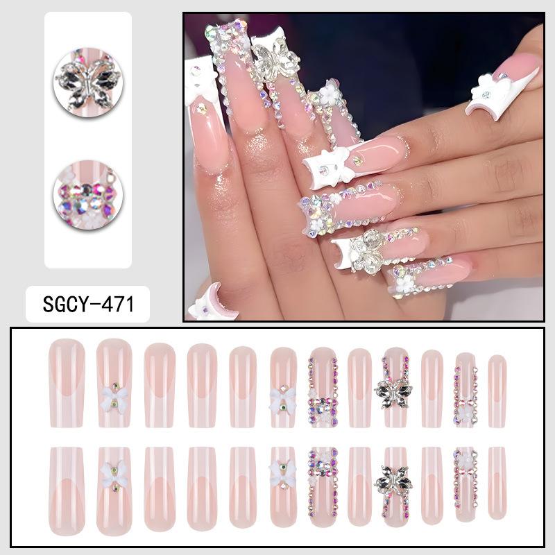 24Pcs French Tip White Edge Long Coffin Press On Nails With Rhinestone Butterfly Bow Ballet Fake Nails