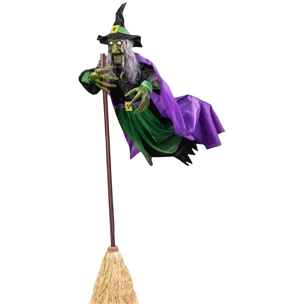 

Halloween Flying Witch on Broom Decor with Luminous Eyes Animated Witch Decor 180cm Outdoor Hovering Witch for Indoor Outdoor