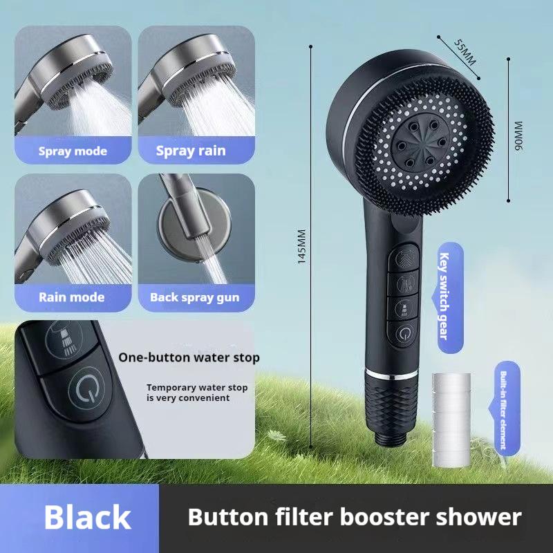 2024 New Household Multifunctional Filter Shower Head 4 Modes Switch 1-Button Water Stop with Massage Brush Bathroom Accessories
