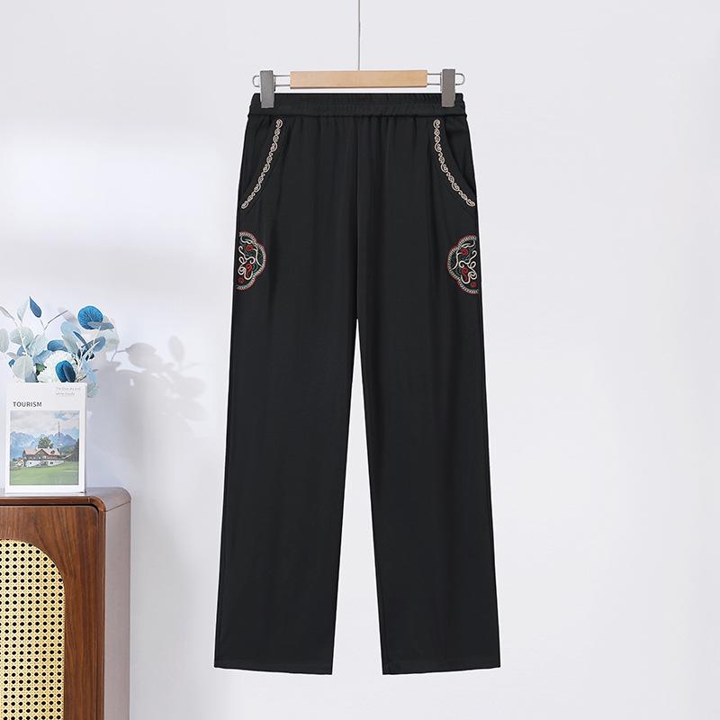 

Summer High-Waist Embroidered Straight-Leg Pants for Middle-Aged and Elderly Women 4XL чёрный
