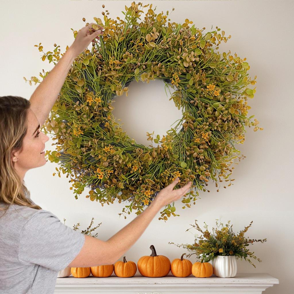 60CM Podzimní díkůvzdání Věnec na dveře, Boxwood Gypsophila Závěsný na zeď